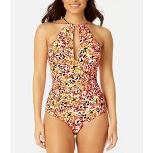 NEW Anne Cole One Piece Swimsuit Size 8 Orange Purple Floral Keyhole High Neck
